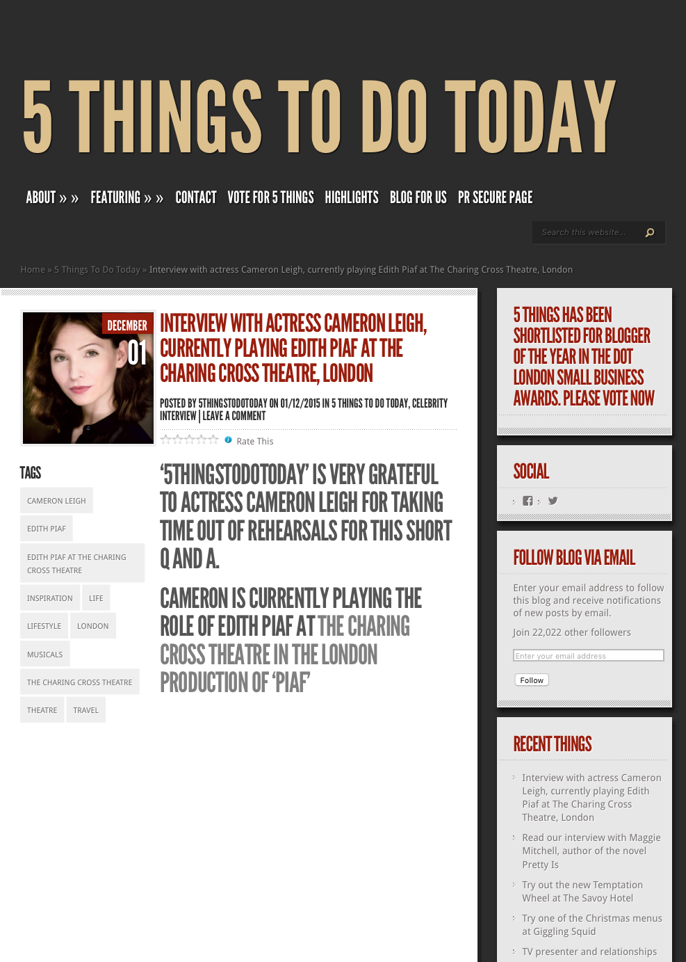 Interview with actress Cameron Leigh, currently playing Edith Piaf at the Charing Cross Theatre, London